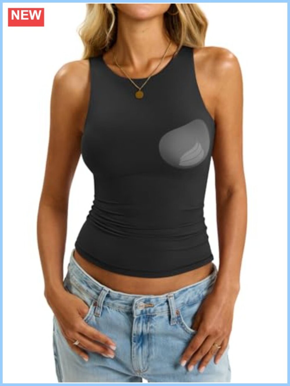 Padded Tank Top Built In Bra Double Lined Crew Neck Sleeveless Racerback